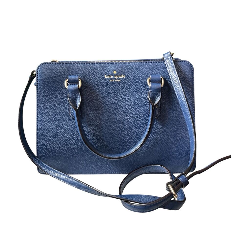Kate Spade Madison Pebbled Leather Navy Blue Medium Satchel Crossbody 11x8" READ